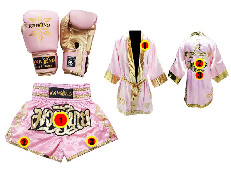 Kanong Custom Muay Thai Bundle (Gloves, Shorts, Robe) : Pink Lai Thai
